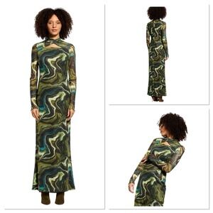 Daska Nasira Maxi‎ Dress Green Abstract Line Long Sleeve Bodycon XS Keyhole Neck